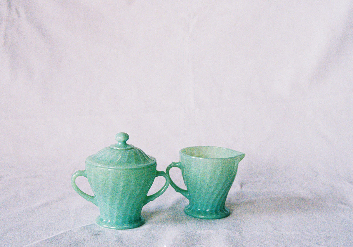 Jadeite glass creamer and lidded sugar bowl