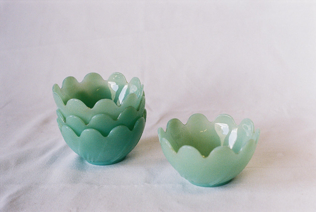 Jadeite glass bowls with scalloped rims