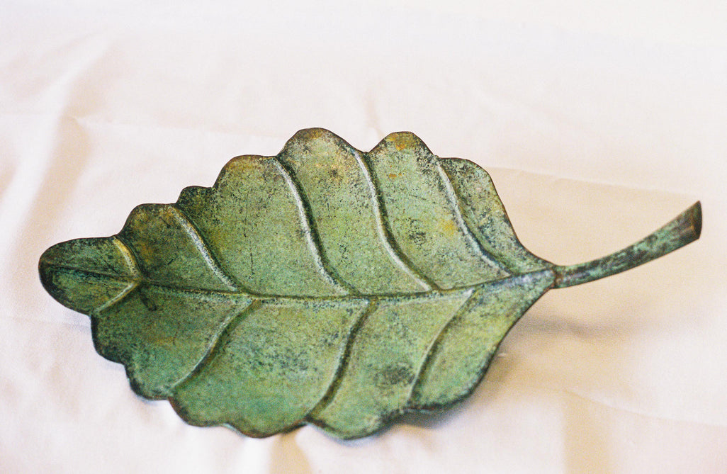 Leaf shaped serving dish with a verdigris finish
