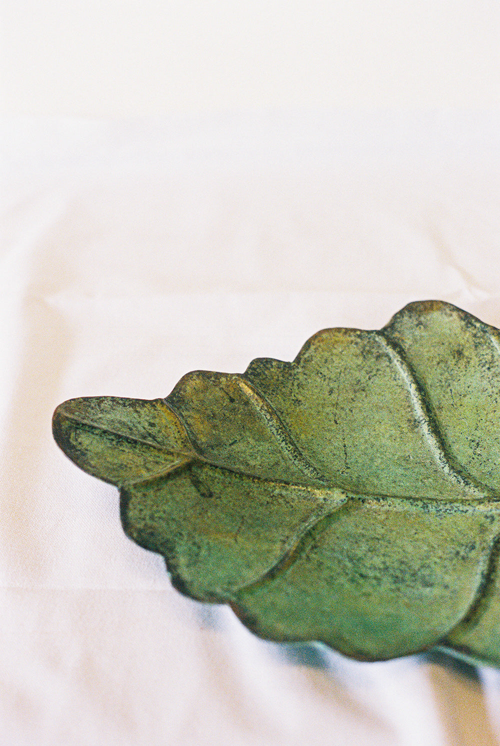 Leaf shaped serving dish with a verdigris finish, close view
