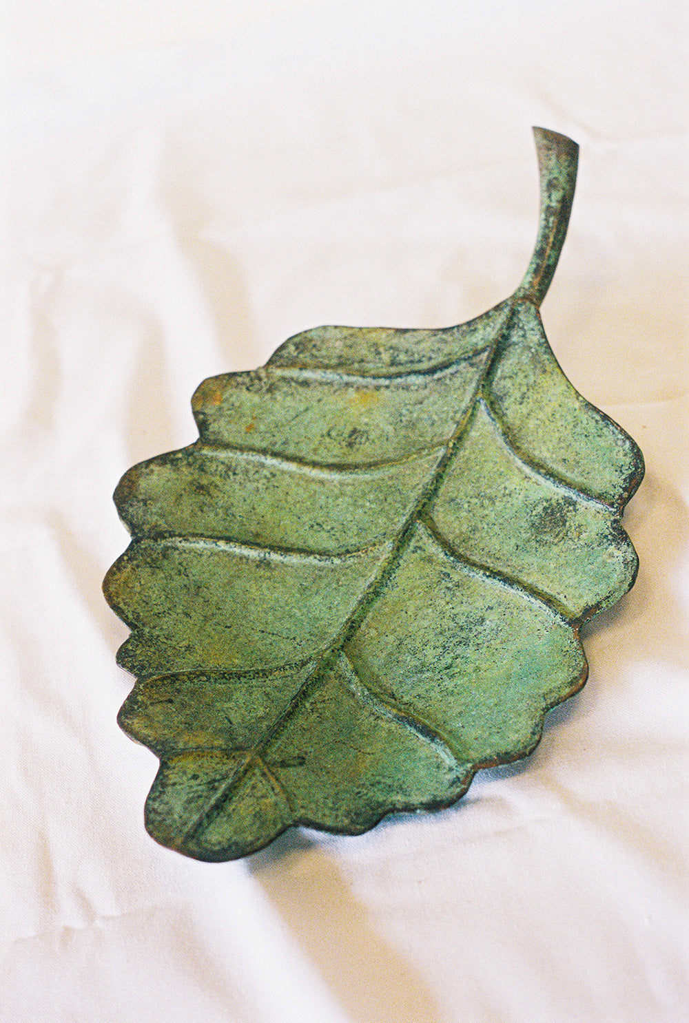 Leaf shaped serving dish with a verdigris finish