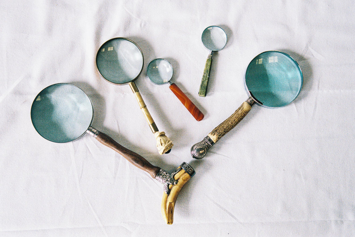 Five magnifying glasses with carved bone, hardwood and decorative metal handles