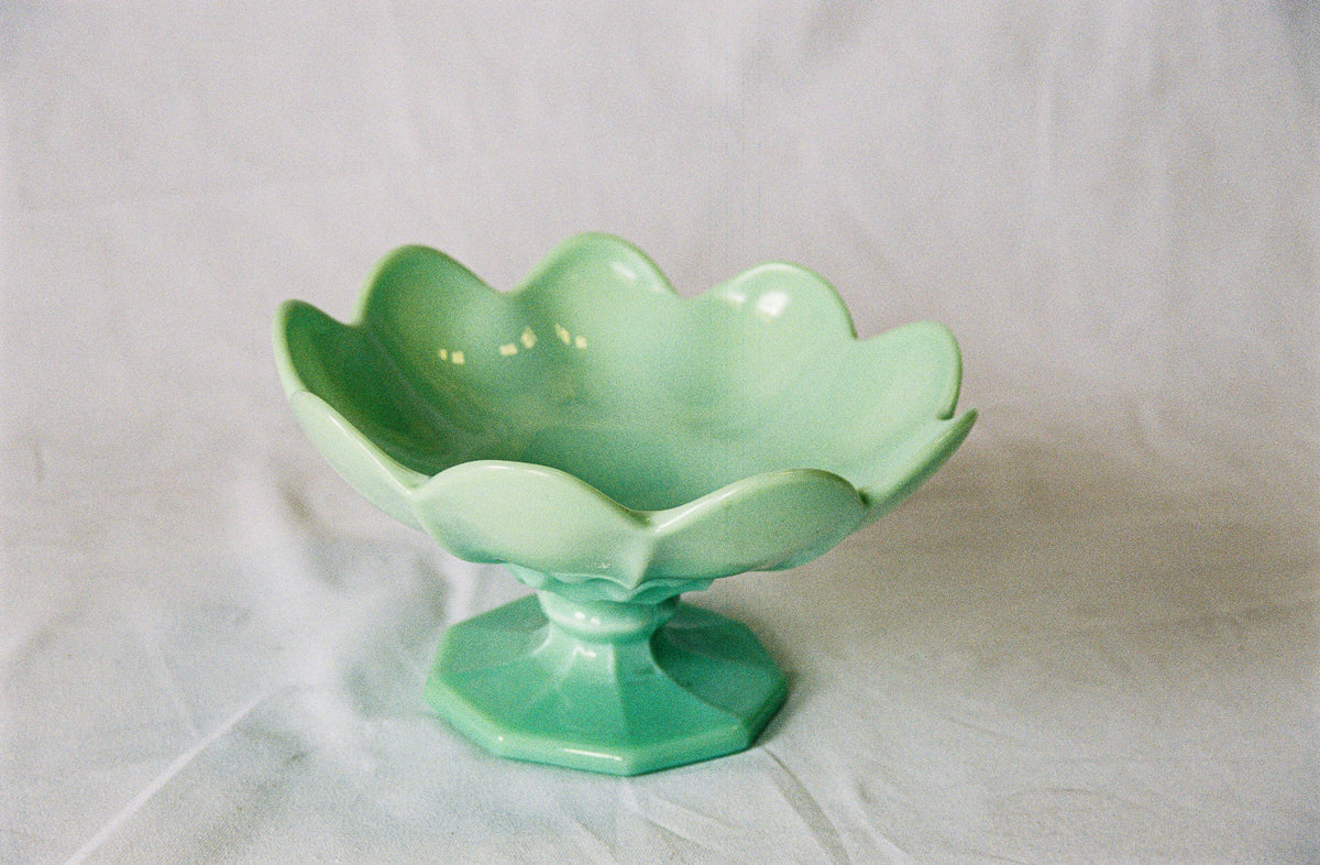 Jadeite glass pedestal bowl